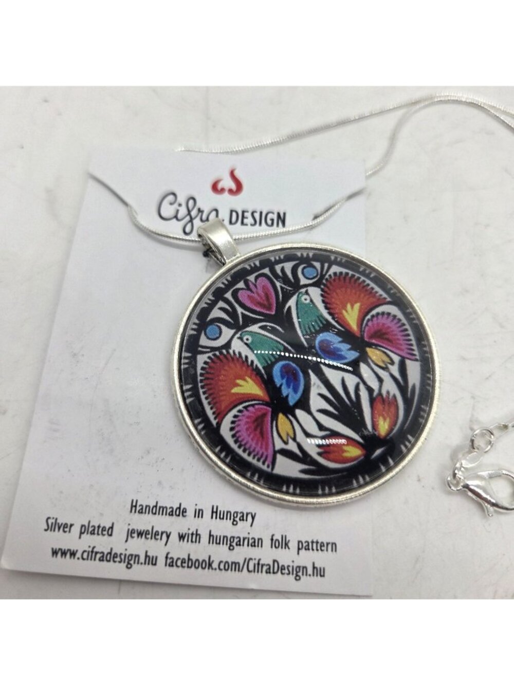 Folk Art Silver-Plated Pendant Necklace made In Hungary Floral Bird Design 18"
